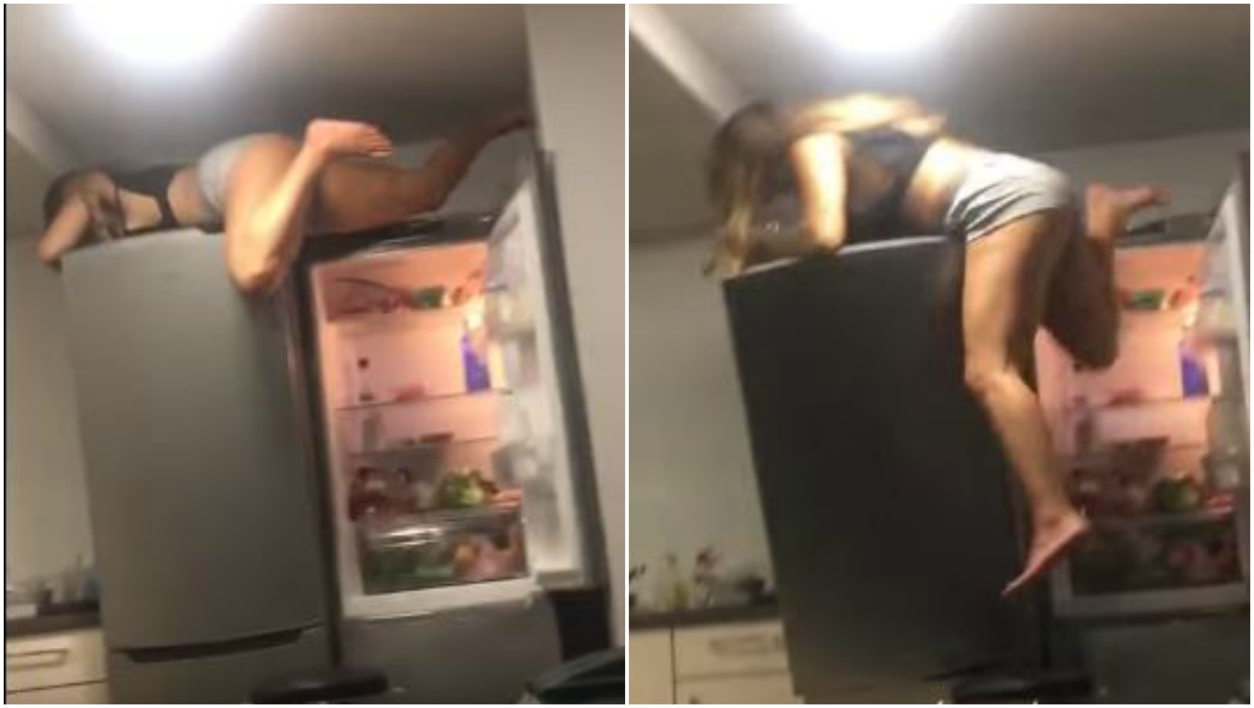 girl falls climbs fridge